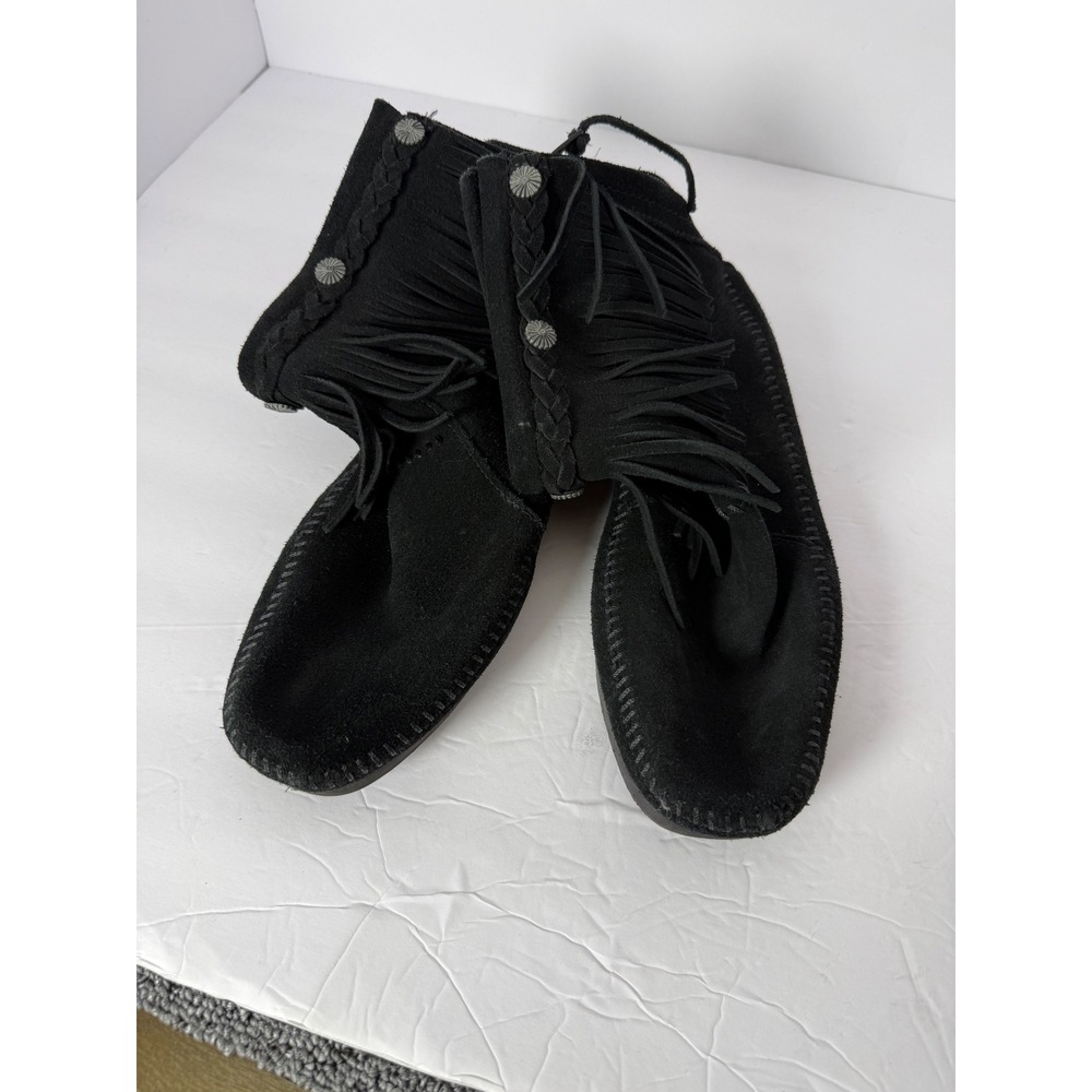 Minnetonka Womens 9.5 Black Suede Hi Top Back Zip Fringe Moccasin Boots 299